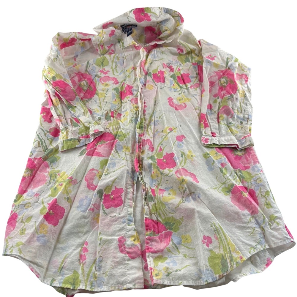 American Living Womens Floral Long Sleeve Button Down Nightshirt Pink White L